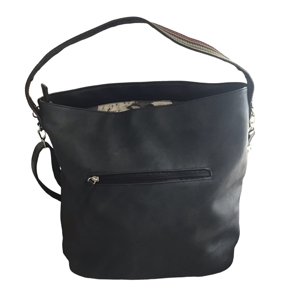 DAVID JONES Paris Satchel Faux Leather 2 Straps Zip Top Abstract Lining 13x12x6